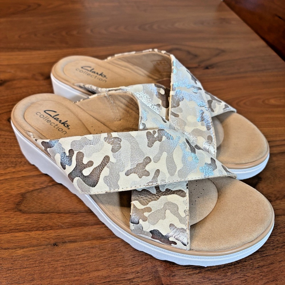 Clarks Jillian Gem Ivory Camo Sandals Womens 9 Metallic Slides 26160942